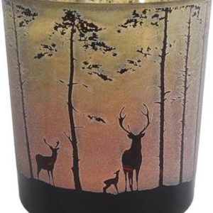 Theelichthouder Forest met Afbeelding Hert in Bos Groen/Rood Glas 7,5x7,5x8cm
