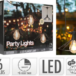 Pro Garden Party Lights Vintage LED Lichtsnoer 6 Filament Lampen met Industrieel Korfje 5.5m IP44